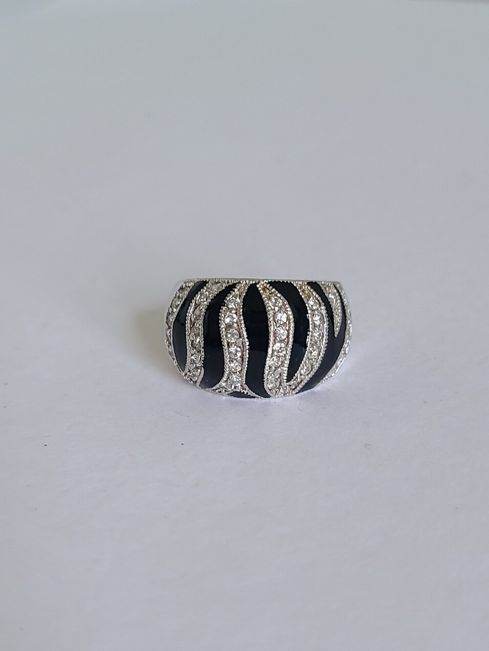 Vintage Sterling Silver Pave Crystal Tiger Zebra Print Domed Cocktail Ring
